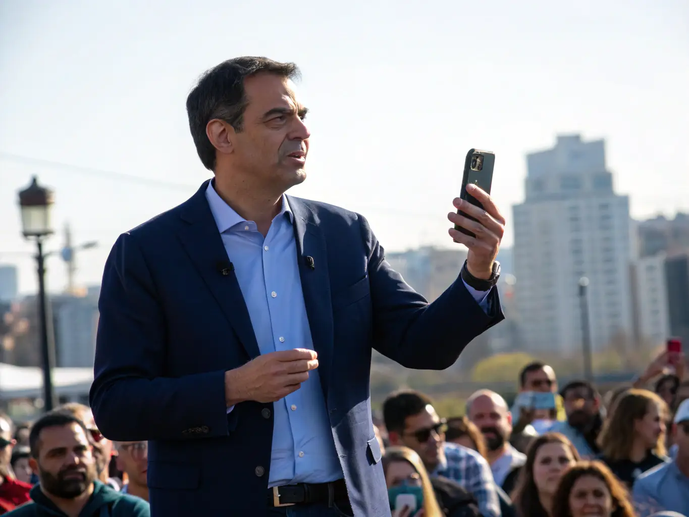A politician addressing a crowd, with a smartphone in hand, symbolizing how SimpliChile helps them connect with constituents and manage their online presence effectively.