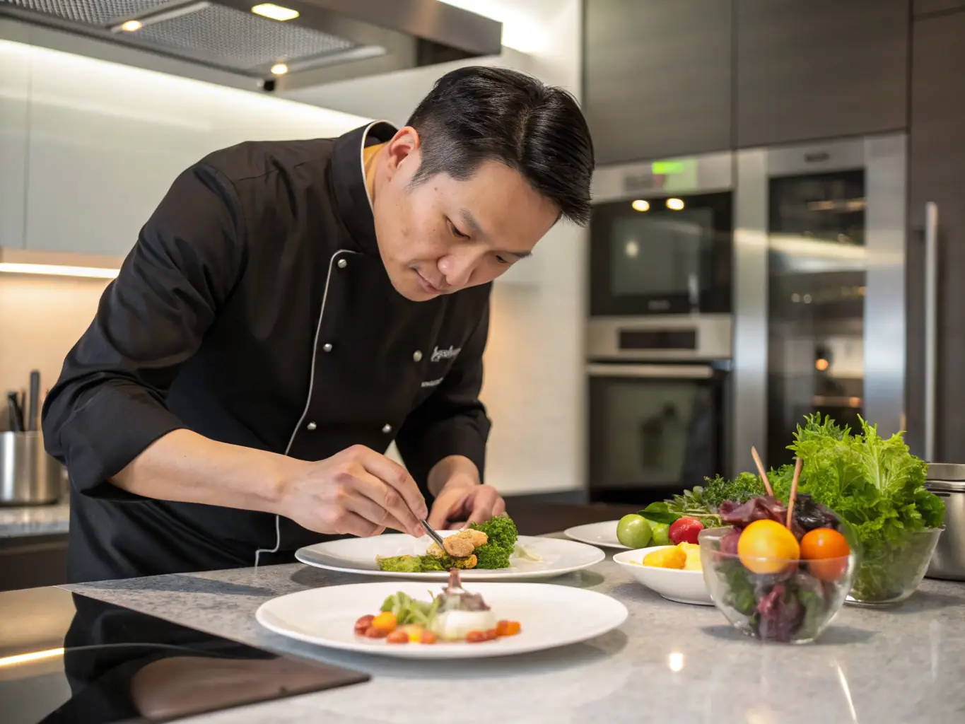 A professional chef in a modern kitchen, using a tablet to manage online orders and social media promotions, showcasing how SimpliChile simplifies digital tasks for culinary experts.