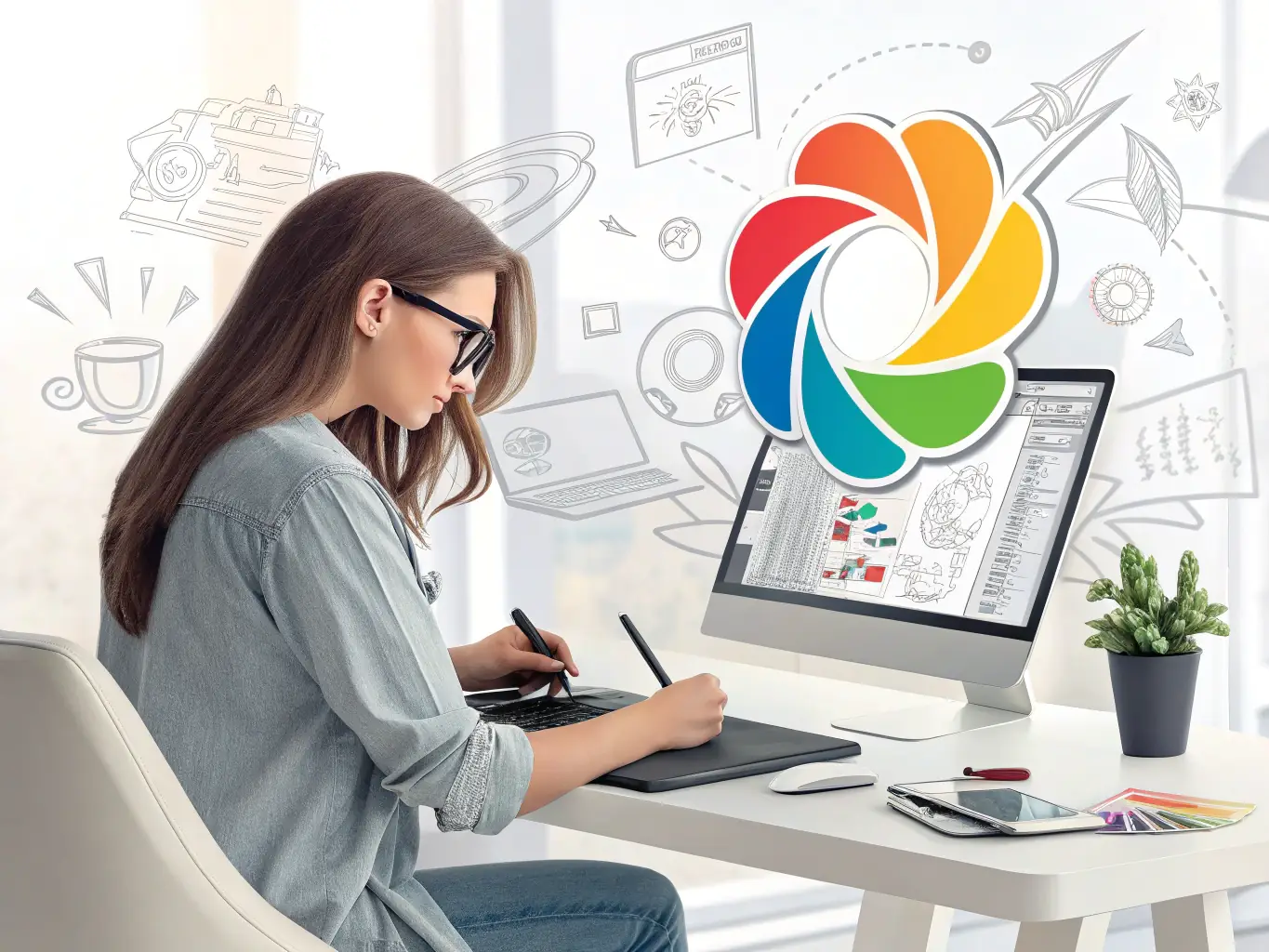 An entrepreneur working on a laptop in a vibrant co-working space, illustrating how SimpliChile supports their digital needs, enabling them to focus on growing their business.