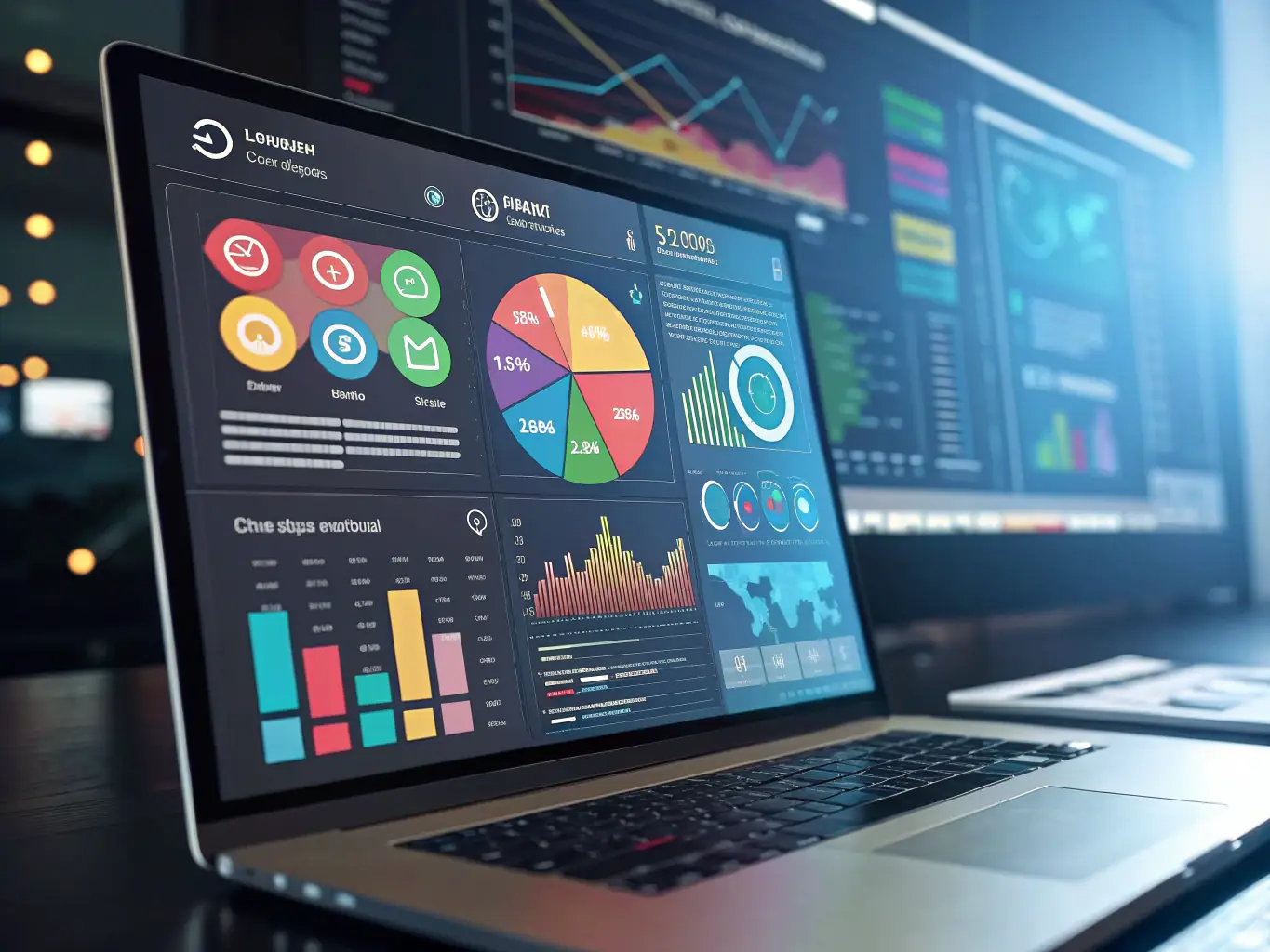 A dynamic image featuring various digital marketing tools, such as social media dashboards, email marketing platforms, and analytics reports, displayed on multiple devices.