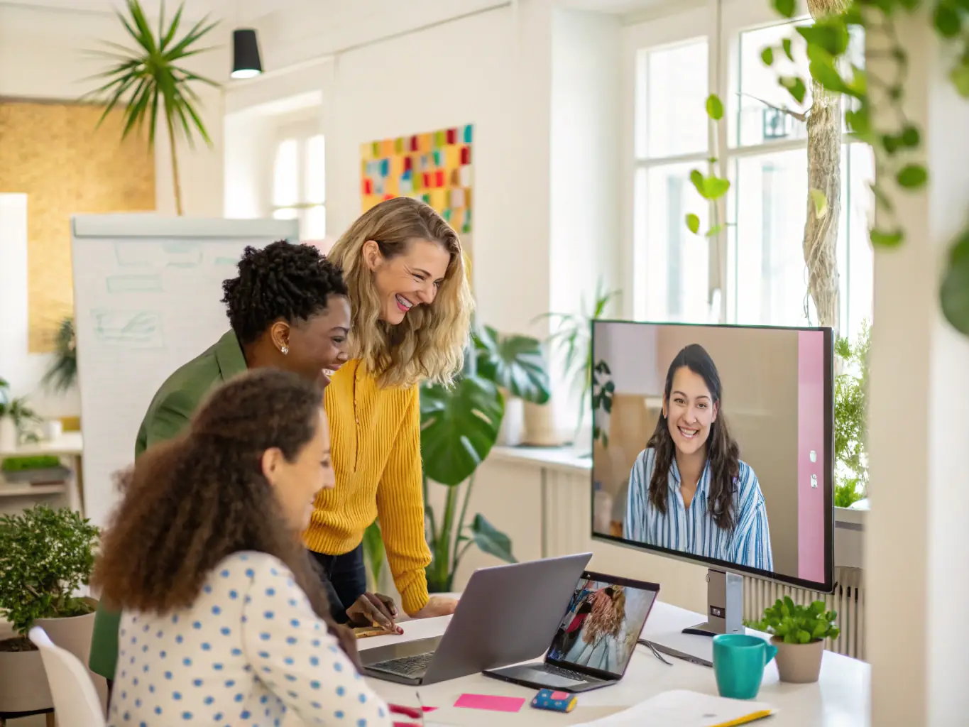 A supportive image depicting a technical support team assisting a client via video call, with a focus on problem-solving and clear communication.